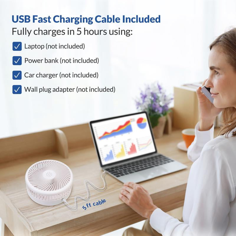 Primevolve Battery Operated Fan, Portable Rechargeable USB Floor Table Desk Fan with Adjustable Height, 4 Speed Settings, White 7.7"