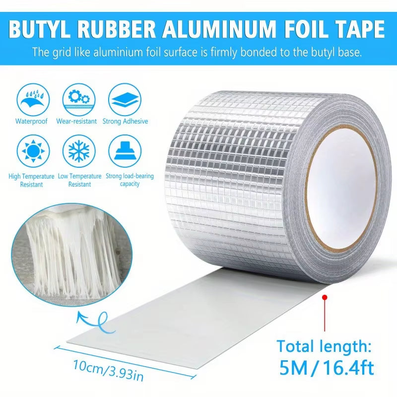 1Roll Super Waterproof Self-Adhsive Tape,Butyl Rubber Aluminium Foil Adhesive Repair,For Roof and Duct Seal and Fastening