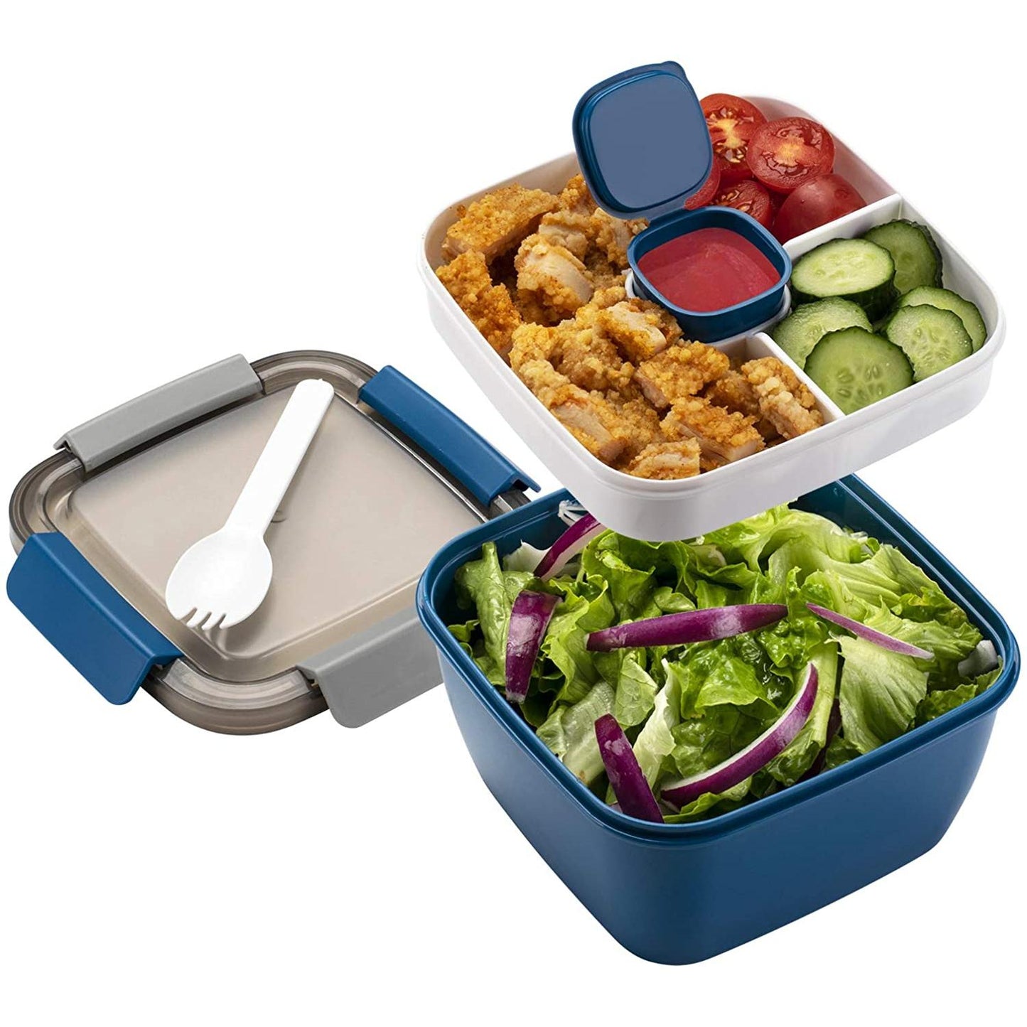 Freshmage Salad Lunch Container to Go, 52-Oz Salad Bowls with 3 Compartments, Salad Dressings Container for Salad Toppings, Snacks, Men, Women (Blue) Freshmage