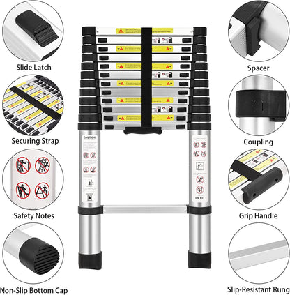 (12.5Ft/3.8M) Telescoping Ladders，En131Standards Multi-Purpose Folding Aluminum Extension Ladder