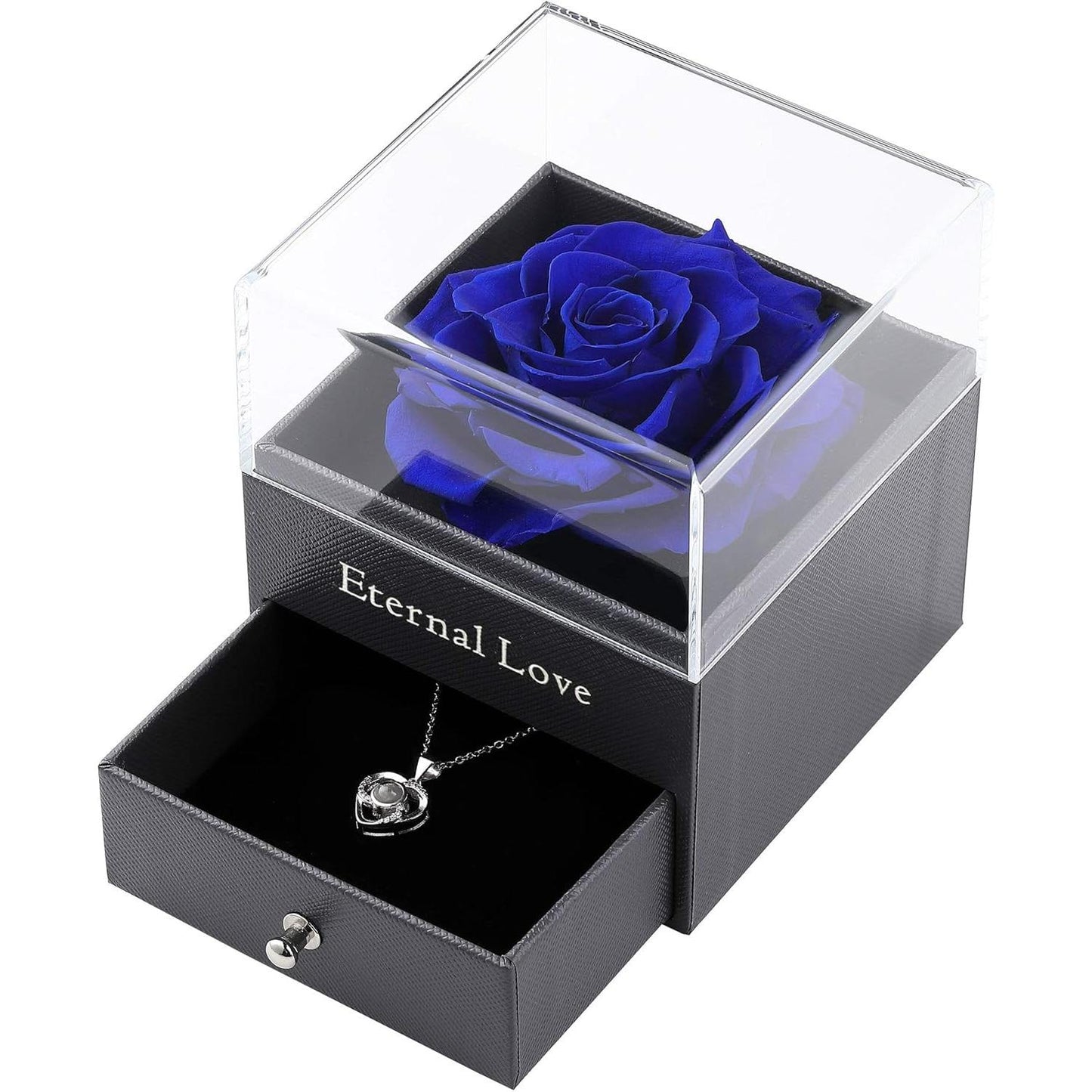 Ocosy Mothers Day Flower Gifts for Her, Preserved Real Flower Rose with Silver-Tone Heart Necklace I Love You in 100 Languages Gift Set, Enchanted Flower Rose Gifts, Blue Ocosy