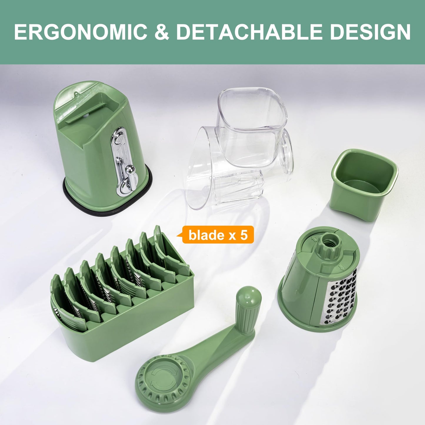 5-in-1 Vegetable Cutter and Rotary Cheese Grater with 5 Well-designed Blades