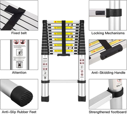 Telescoping Ladders, (12.5Ft/3.8M) EN131 Standards Aluminum Extension Ladder, Extension for RV, Attics, Families, Outdoor Work, with a Maximum Bearing Capacity of 330Lbs