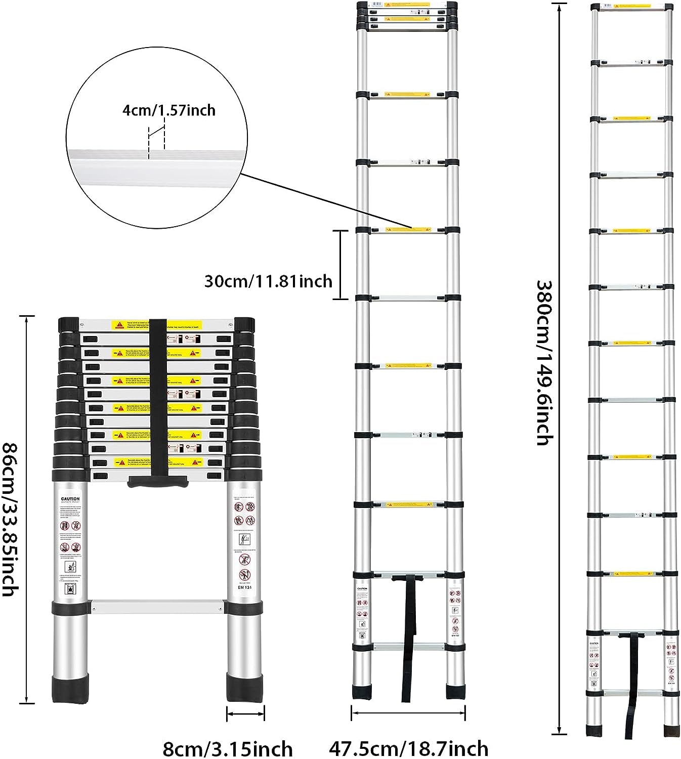 Telescoping Ladders, (12.5Ft/3.8M) EN131 Standards Aluminum Extension Ladder, Extension for RV, Attics, Families, Outdoor Work, with a Maximum Bearing Capacity of 330Lbs