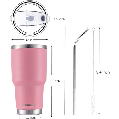 30Oz Tumbler Double Wall Stainless Steel Vacuum Insulated Travel Mug with Splash-Proof Lid Metal Straw and Brush (Pink) DYNAMIC SE