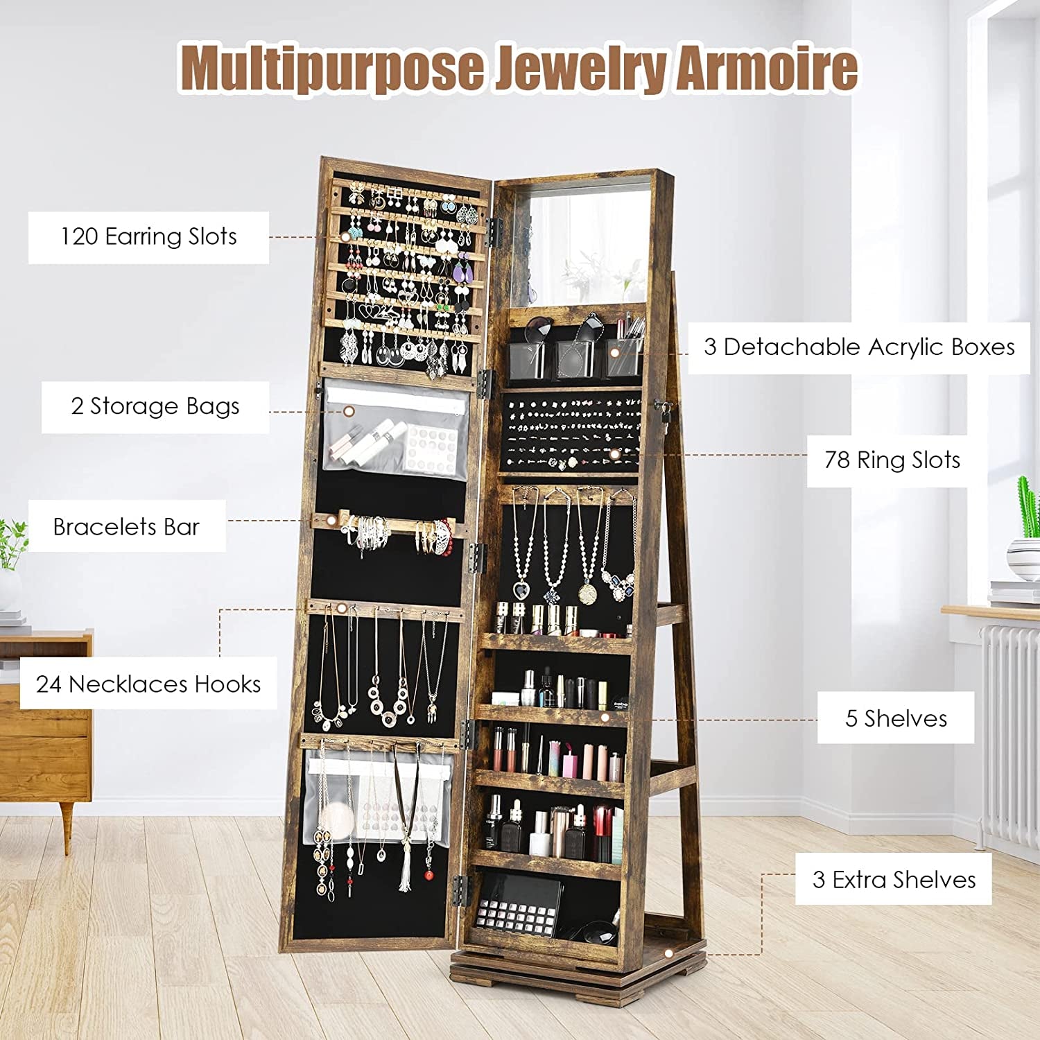 360° Swivel Jewelry Armoire with Higher Full Length Mirror, Standing Lockable Jewelry Cabinet Organizer, Large Storage Capacity, inside Makeup Mirror, Back Storage Shelves (Rustic Brown)