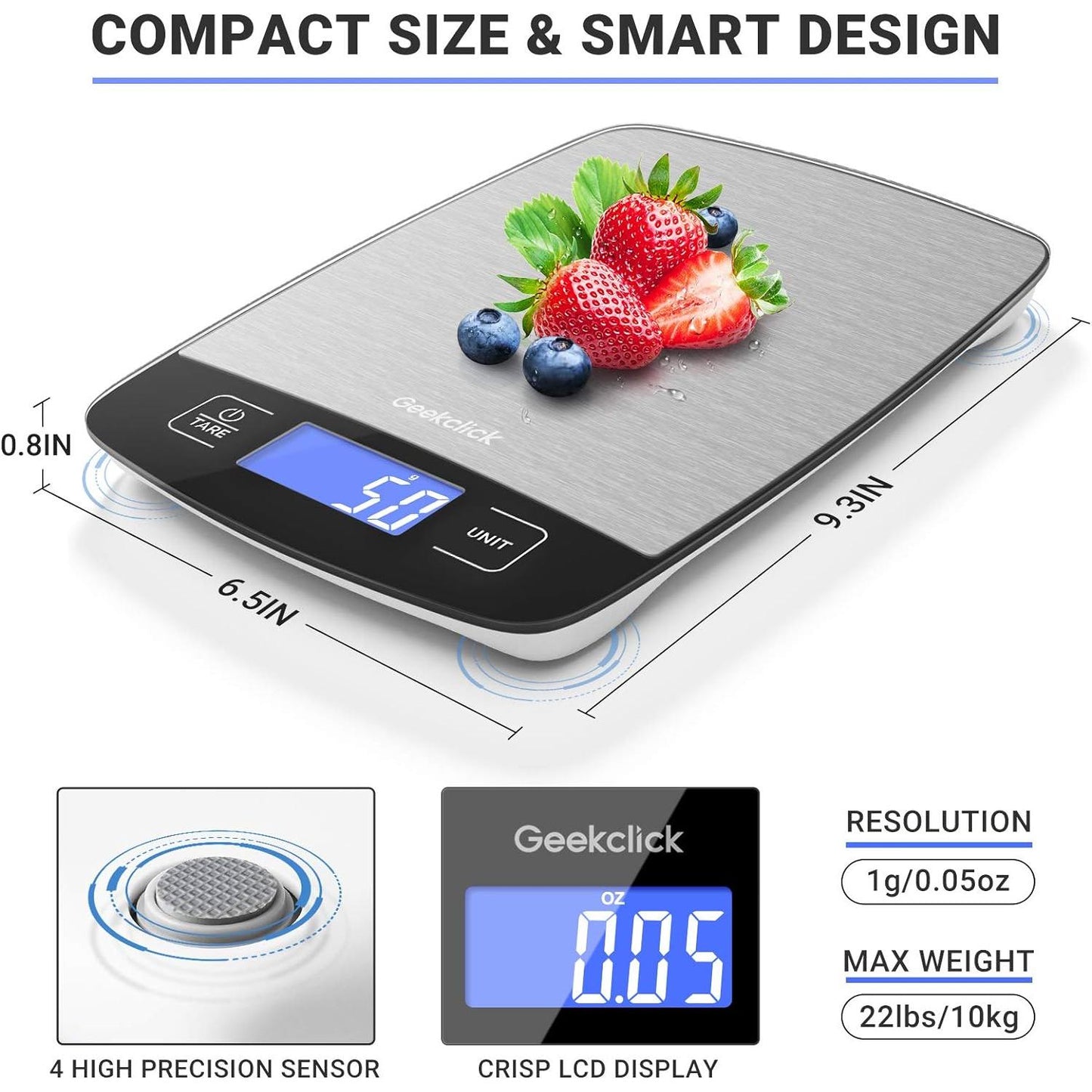 Digital Food Kitchen Scale, Small Scale for Food Weight Grams and Oz/Ounces, Kitchen Tools for Baking,Cooking,Meal Prep,Weight Loss, 1G/0.05Oz Precise Graduation,Easy Clean Stainless Steel Geekclick