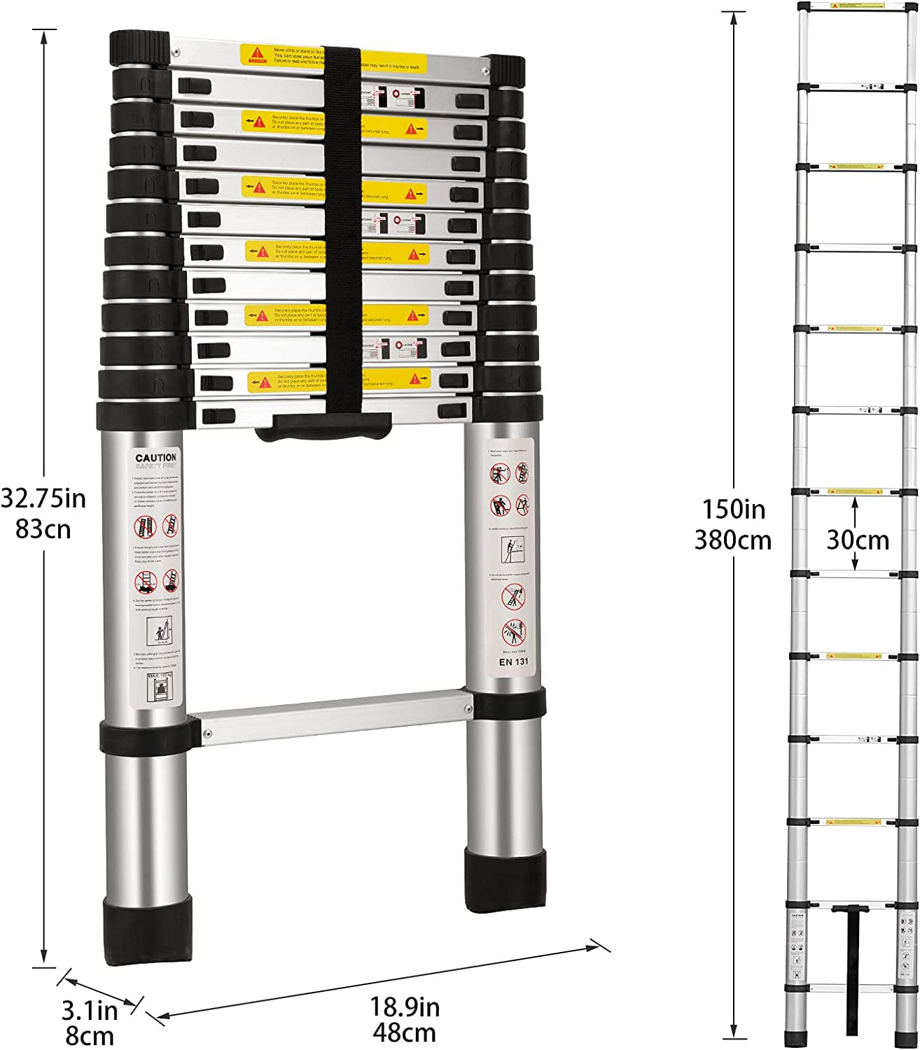 (12.5Ft/3.8M) Telescoping Ladders，En131Standards Multi-Purpose Folding Aluminum Extension Ladder